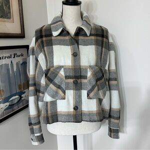 For The Republic Gray and Tan Plaid Cropped Utility Jacket